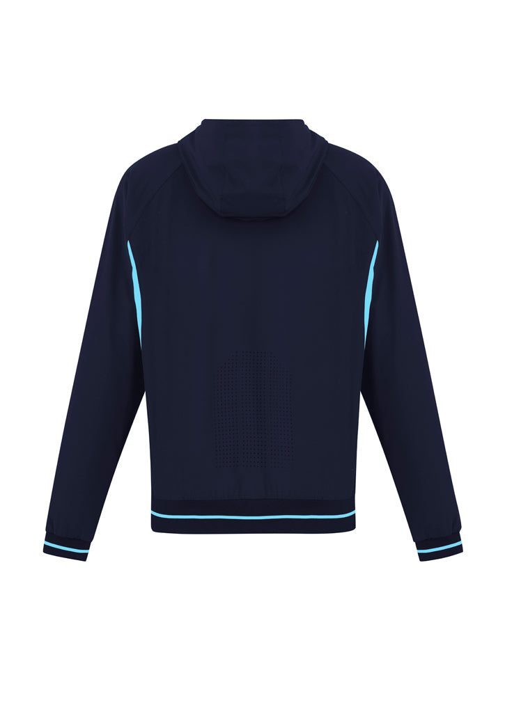 Kids Titan Jacket in Navy/Sky, Size 8, featuring 4-way stretch fabric, hood, reflective piping, and zippered pockets for comfort.