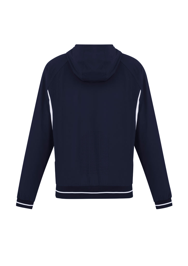 Kids Titan Jacket in Navy/White, Size 14, featuring 4-way stretch, UPF protection, hood, reflective piping, and zip pockets.