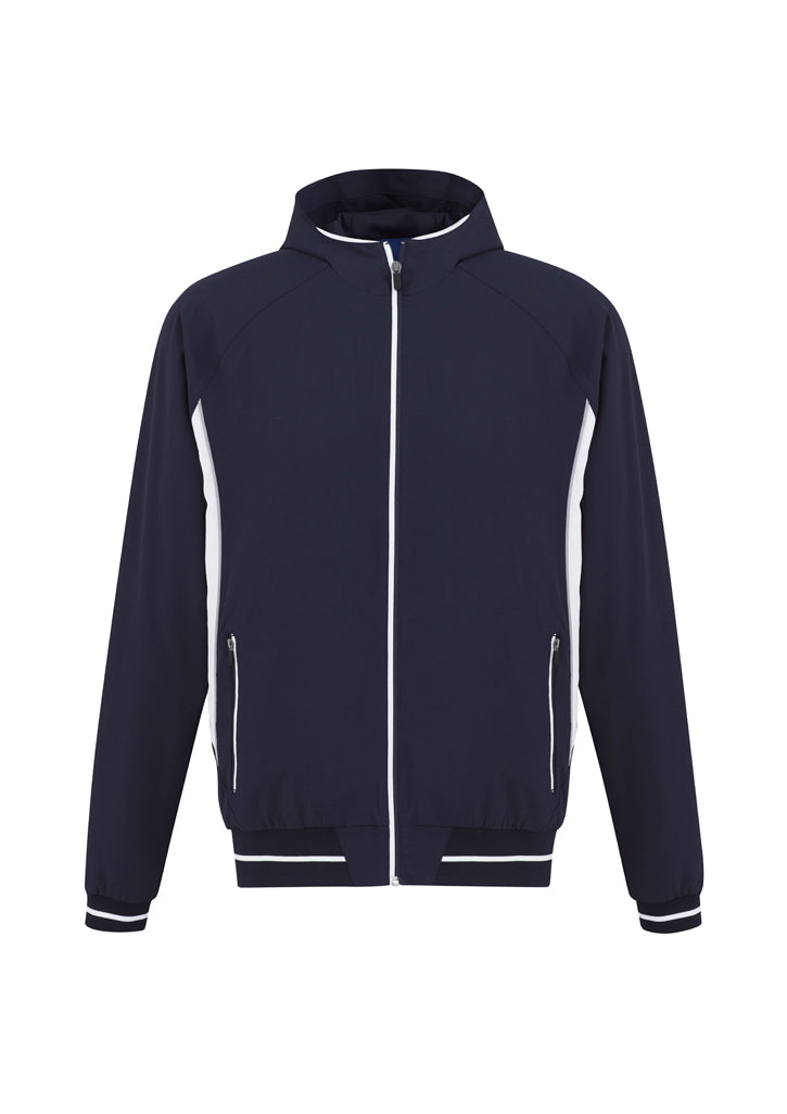 Men's Titan Jacket in navy and white, featuring an attached hood, reflective details, and breathable fabric for comfort and style.