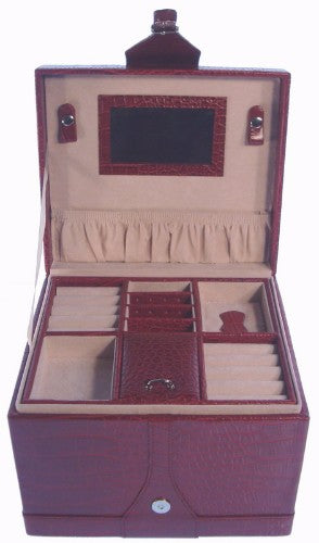 Elegant jewellery box in croc PU with velvet lining, featuring a handle and large compartment for organized storage of accessories.
