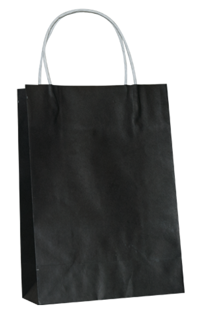 Eco-friendly black paper carry bags, 29cm x 20cm, perfect for retail packaging with a modern aesthetic. 250 bags per case.