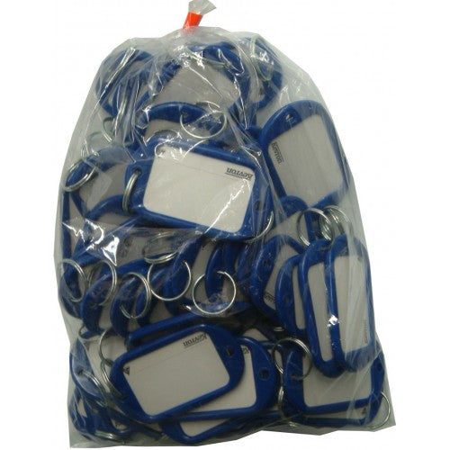 Jumbo blue key tag bag containing 50 durable tags for easy key organization and labeling, each with a convenient ring.