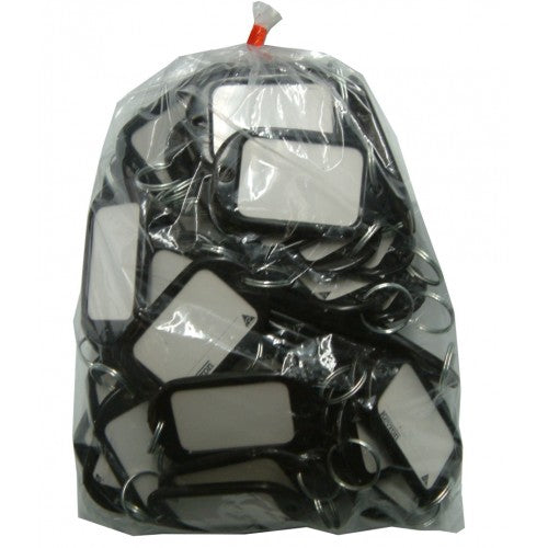 Durable black plastic key tags in a bag of 50, perfect for easy key identification and labeling.