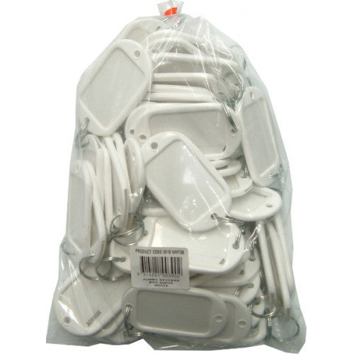 Jumbo white key tags in a bag of 50, made from durable plastic with labels for easy key organization.