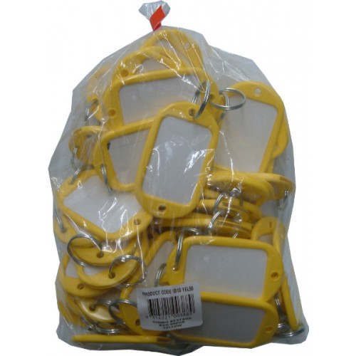 Jumbo yellow key tag bag of 50, durable plastic, easy labeling, 95 x 56 mm tags with 25 mm rings for key organization.