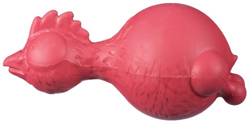 Vibrant JW Ruffians Chicken dog toy, durable rubber, squeaky, for lively fetch or solo play, engaging shape and random color.