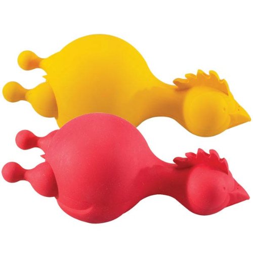 Brightly colored JW Ruffians Chicken dog toy, durable and squeaky, perfect for fetch and solo play, designed for enthusiastic chewers.