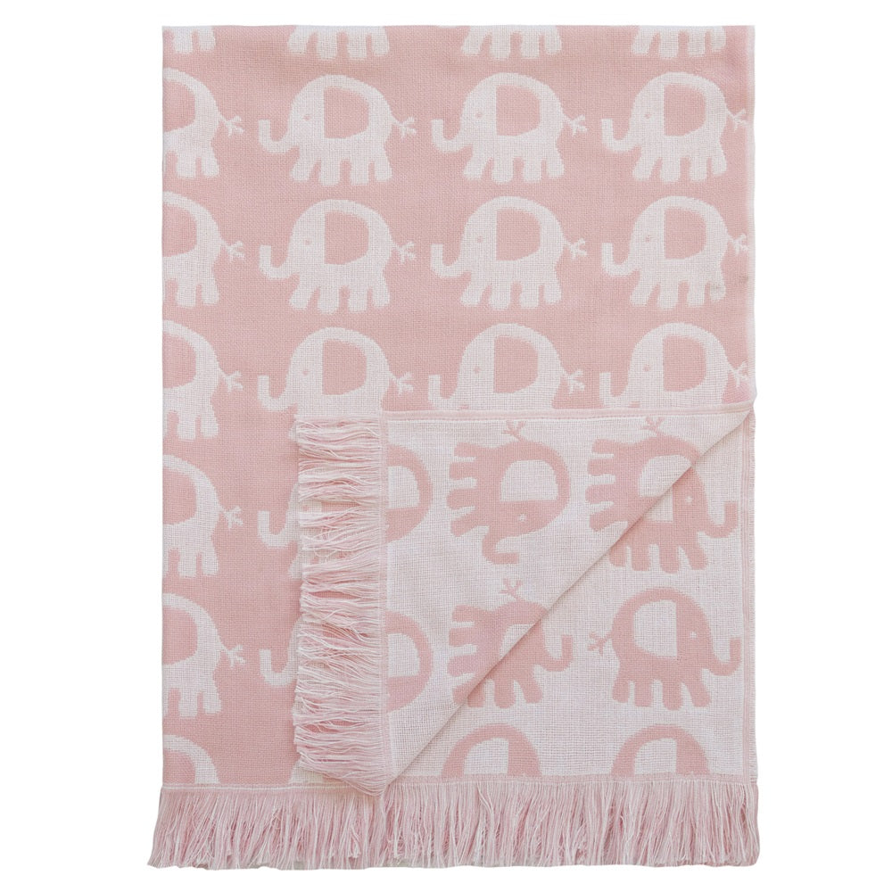 Soft pink elephant cotton baby blanket with fringed edge, perfect for nurseries and outings, measuring 75 x 100 cm.