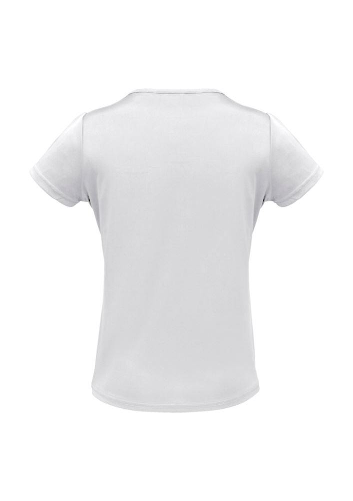 Ladies Deco Top in white, size 26, featuring pleat stitched neck detail, easy-care fabric, and comfortable stretch knit.