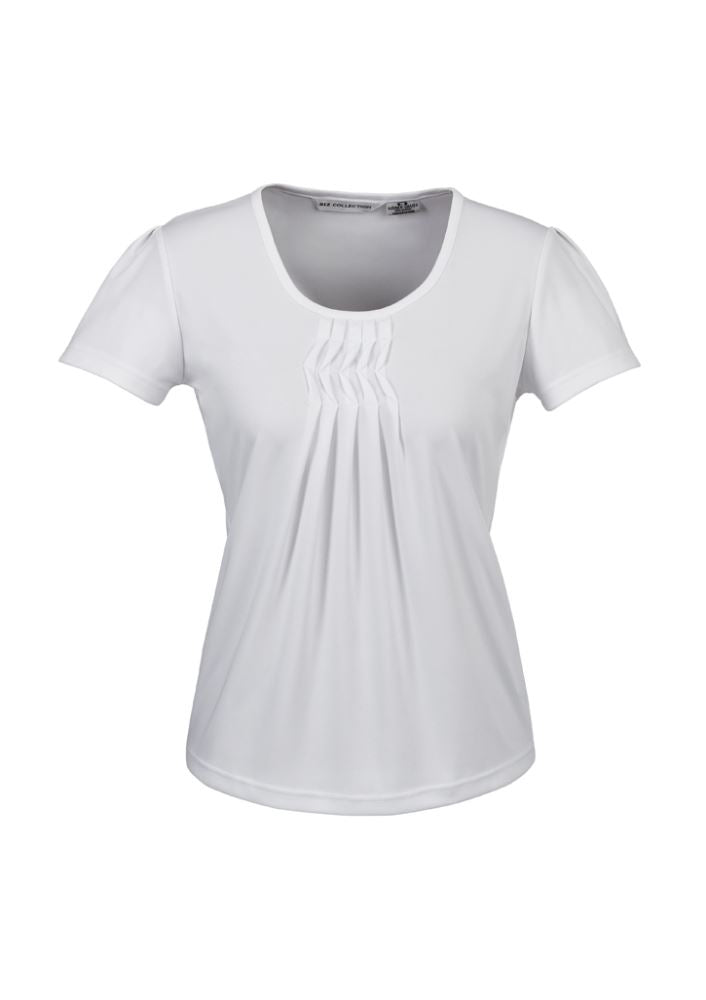 White Ladies Deco Top by Biz Collection, Size 10, featuring pleat stitched neck detail and stretch knit for comfort.