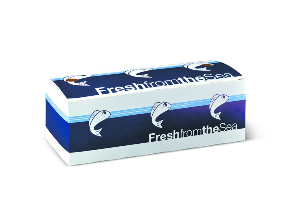 Medium Fish & Chip Box in 'fresh from the sea' print, designed for crispy takeaway food with built-in lid and breathe holes.