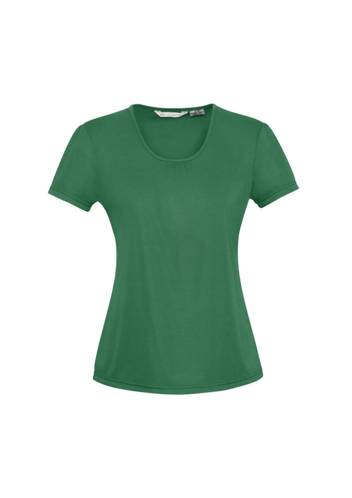 New Green Ladies Chic Top, size 16, featuring soft gathers, straight hem, and comfortable polyester stretch for versatile styling.