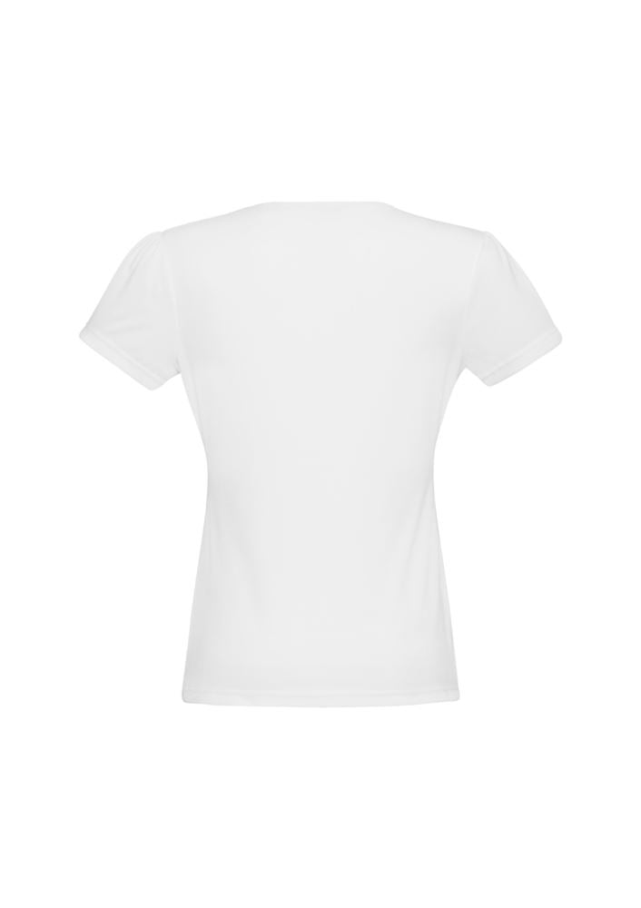 Ladies Chic Top in white, size 24, featuring soft gathers at the neckline, versatile straight hem, and comfortable stretch knit.