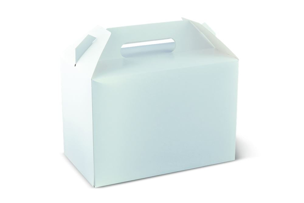 Large cardboard carry box with die-cut handle, ideal for meals and catering; pack of 50, eco-friendly and sturdy.