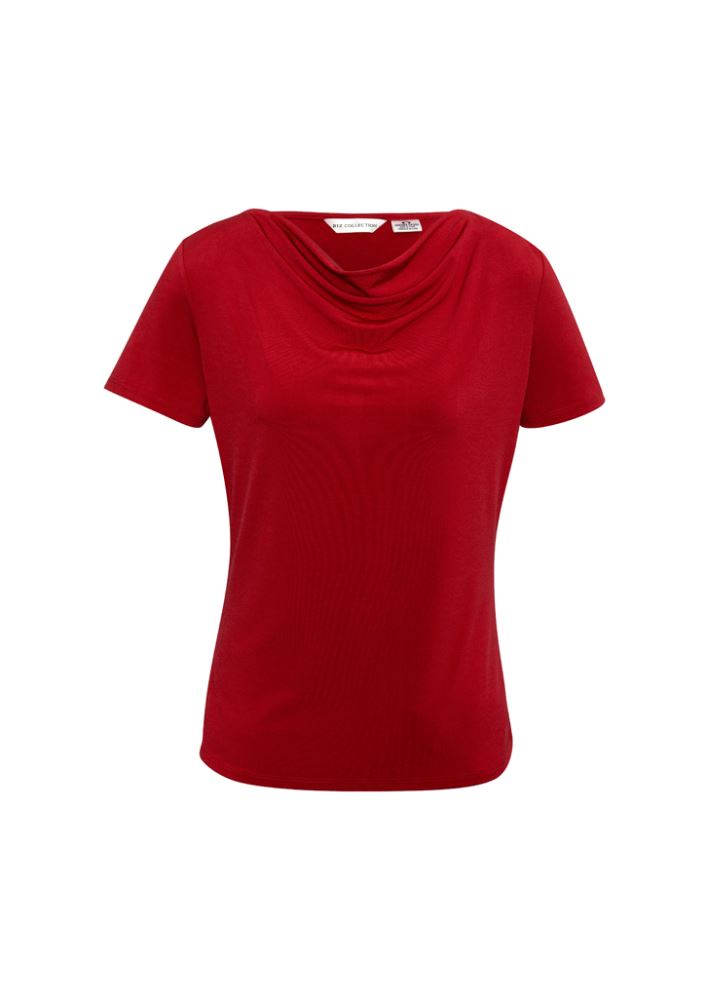 Elegant red Ladies Ava Drape Knit Top in size 6, featuring a softly draped neckline for a chic professional look.