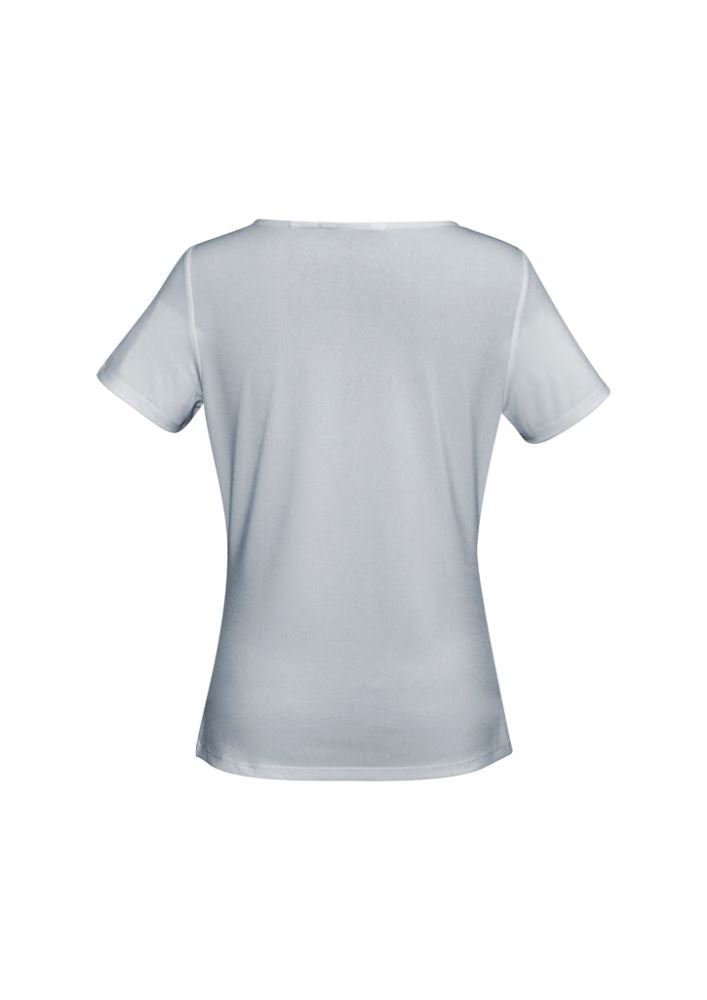 A stylish Ladies Ava Drape Knit Top in Silver Mist, size 10, showcasing a draped neckline for comfort and elegance.