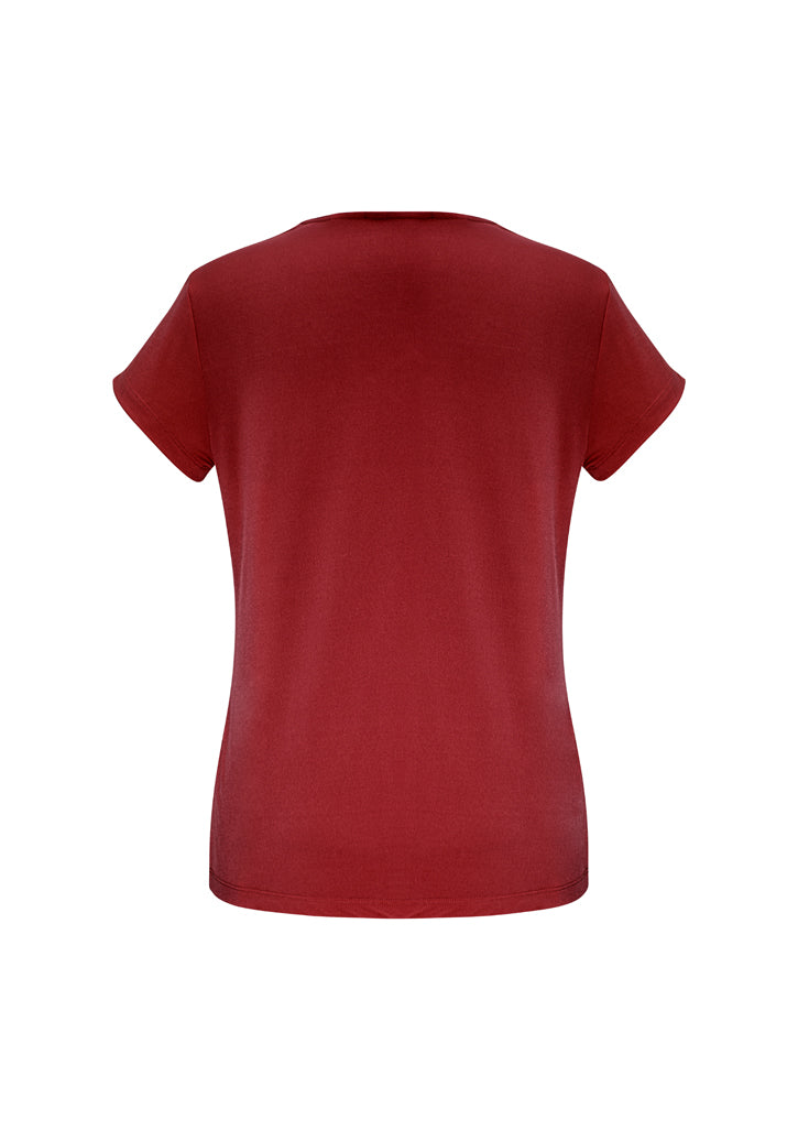 Ladies Lana Short Sleeve Top in Cherry, size 12, featuring a pleat fold v-neck, soft fabric, and flattering t-shirt silhouette.