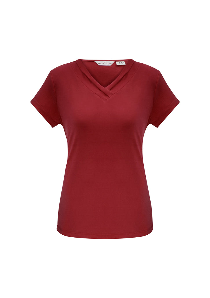 Ladies Lana Short Sleeve Top in Cherry, Size 24, featuring a pleat fold v-neck and soft, flowing jersey knit fabric.