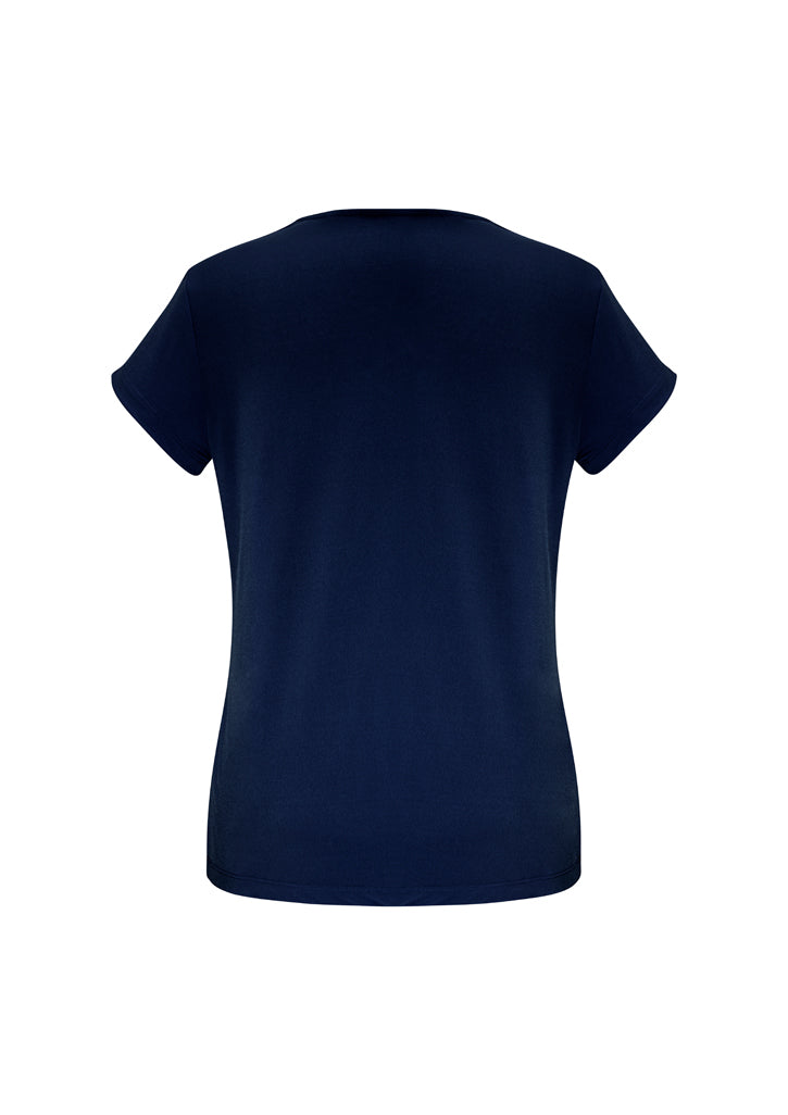 Ladies Lana Short Sleeve Top in Ink, Size 14, featuring a pleat fold v-neck and soft, flowing fabric for comfort and style.