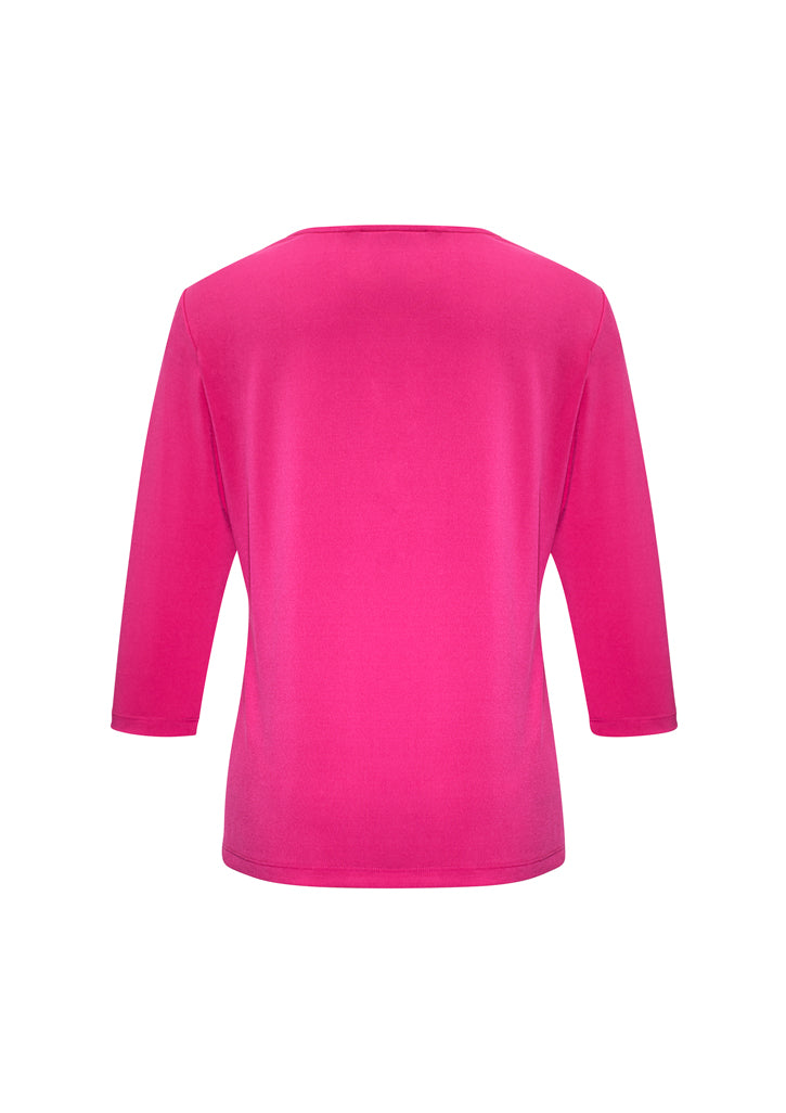 Ladies Lana 3/4 Sleeve Top in Fuchsia, featuring a pleat fold v-neck, soft jersey knit, size 16, perfect for versatile styling.