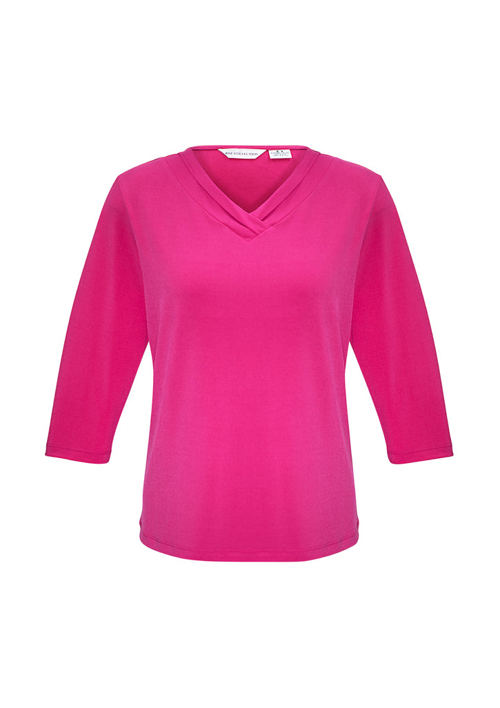 Fuchsia 3/4 sleeve top in Size 26 featuring a pleat fold v-neck, designed for plus-sized fashionistas by Biz Collection.