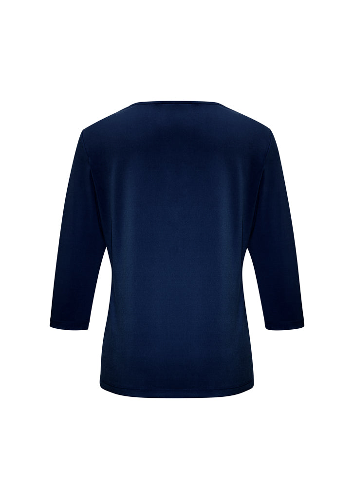 Ladies Lana 3/4 Sleeve Top in Ink, Size 22, featuring a pleat fold v-neck and soft, flowing fabric for versatile styling.