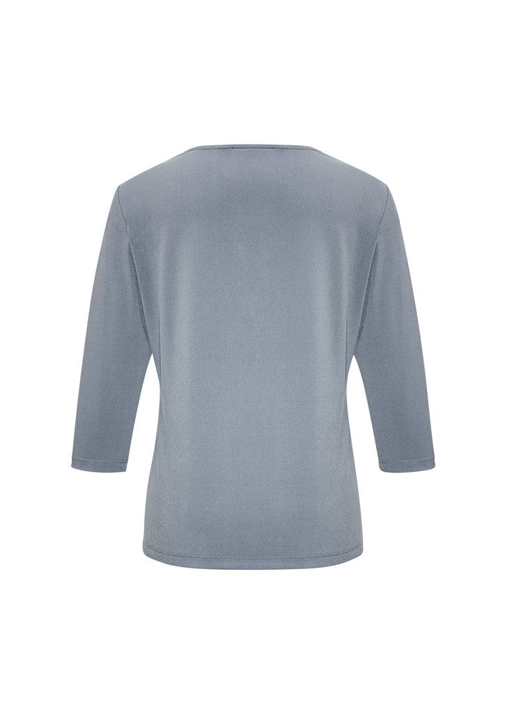 Ladies Lana 3/4 Sleeve Top in Silver, size 6, featuring a pleat fold v-neck and soft, easy-care fabric.