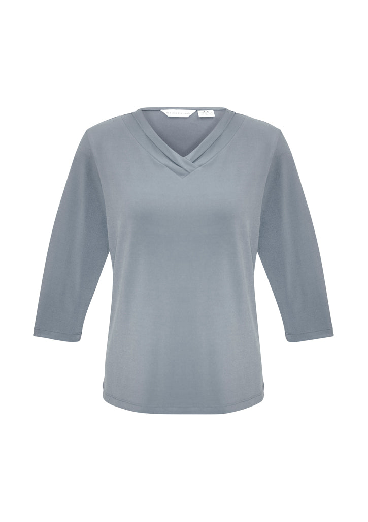 Ladies Lana 3/4 Sleeve Top in silver with pleat fold v-neck, soft Jersey Knit, versatile for casual or office wear.