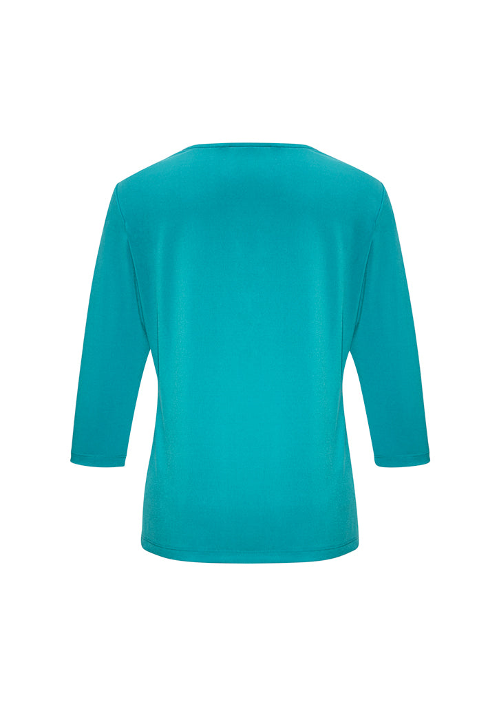 Turquoise blue 3/4 sleeve top for women, featuring a pleat fold v-neck, made from soft, comfortable fabric in size 16.