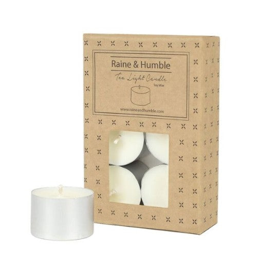 Set of 6 eco-friendly soy wax tea light candles, offering a clean burn for 9 hours, perfect for cozy atmospheres.