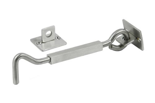 200mm cabin hook in brushed stainless steel, ideal for securing doors and gates with a modern design and durable build.