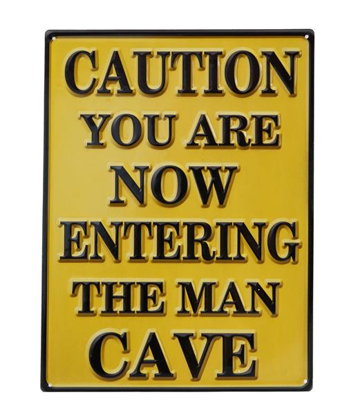 Metal wall art plaque reading "Caution Man Cave," designed for adding humor and style to man caves and garages.