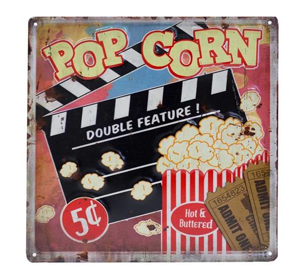 Colorful metal wall art plaque featuring popcorn, perfect for kitchens and dining areas, celebrating cinema and fun snacking.