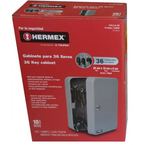 Lockable steel key locker with 36 hooks for secure organization at home or office; features a sleek gray finish.