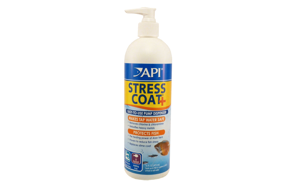 API Stress Coat Pump 473mL for fish stress relief, wound healing, and safe tap water treatment in aquariums.