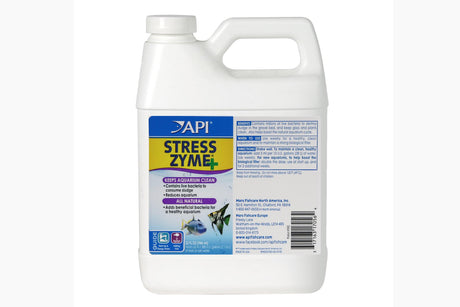 API Stress Zyme 946mL aquarium conditioner promotes fish health and reduces stress by enhancing water quality with beneficial bacteria.