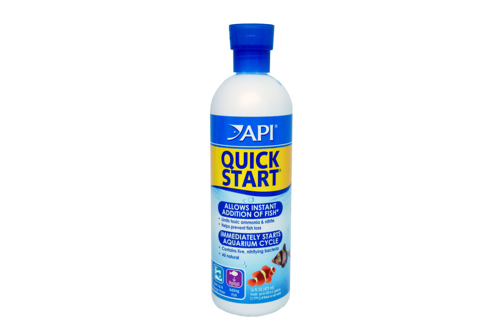 API Quick Start 473ml bottle, designed for instant fish addition and healthy aquarium cycling, suitable for fresh and saltwater.