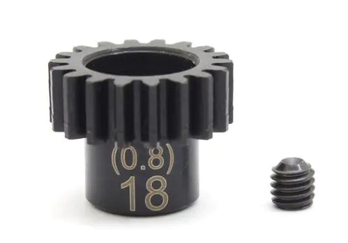 High-quality 18T steel pinion gear for RC vehicles, optimizing torque and speed with 5mm shaft compatibility.