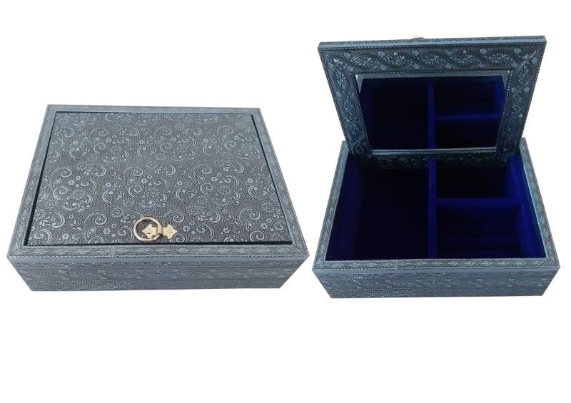 Elegant jewelry box with a folding mirror, offering ample storage for rings and necklaces, ideal for any vanity decor.