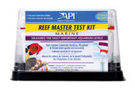"Reef Master Test Kit by API with transparent dome, test tubes, color cards, and instructions for precise marine water testing."
