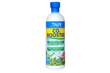 API CO2 Booster 473mL bottle, promoting aquatic plant growth with bioavailable carbon for vibrant, healthy aquascapes.