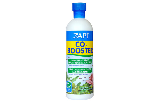 API CO2 Booster 473mL bottle, promoting aquatic plant growth with bioavailable carbon for vibrant, healthy aquascapes.
