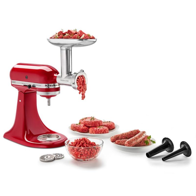 KitchenAid Metal Food Grinder Attachment for fresh meat, cheeses, and bread crumbs; includes multiple grinding plates and storage case.