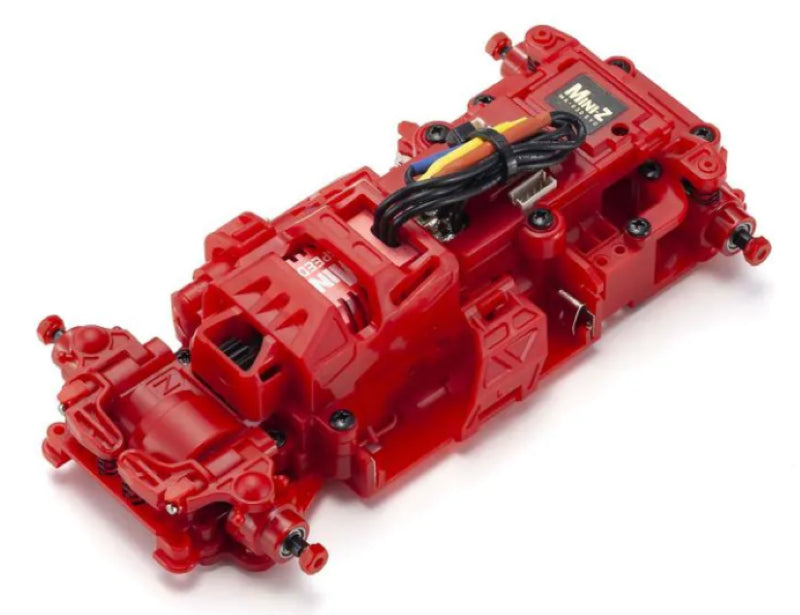 Red MA030EVO Chassis Set for MINI-Z racing, featuring advanced compatibility, high-spec servo, and optimal cooling motor design.