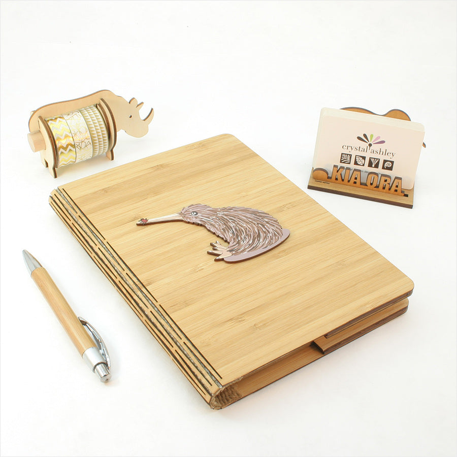 Bamboo Journal with tribal husky design, eco-friendly, A5 replaceable pages, ideal for gifting or personal use.