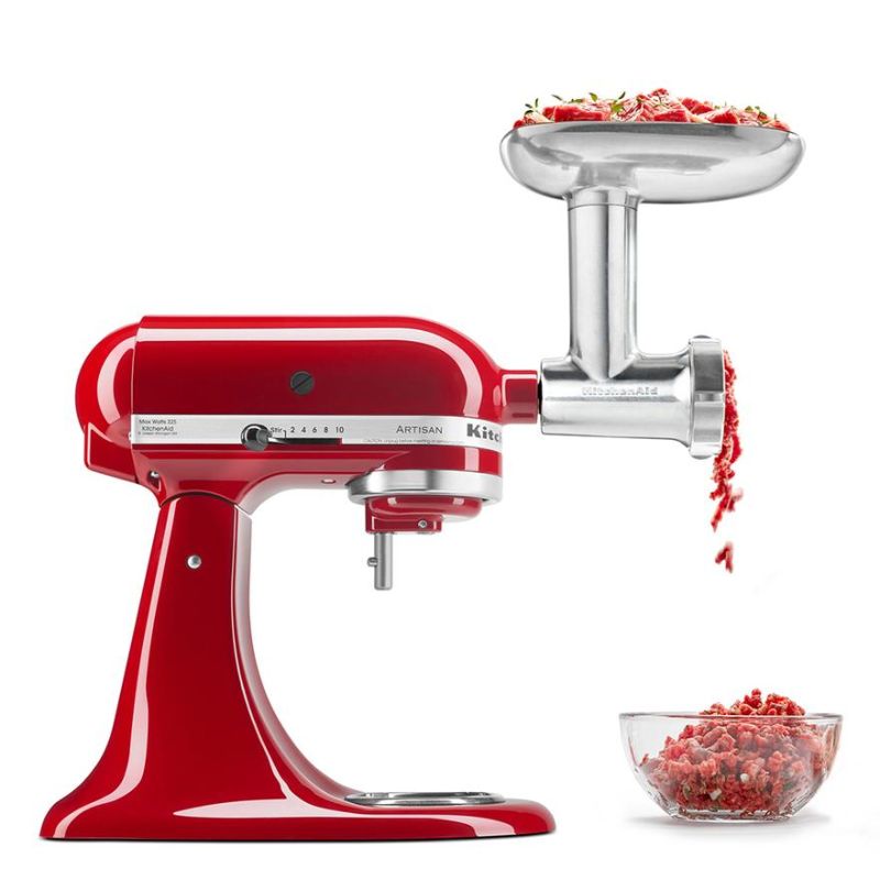 KitchenAid Metal Food Grinder Attachment with durable die-cast metal, fine/medium/coarse plates, and organized storage case.