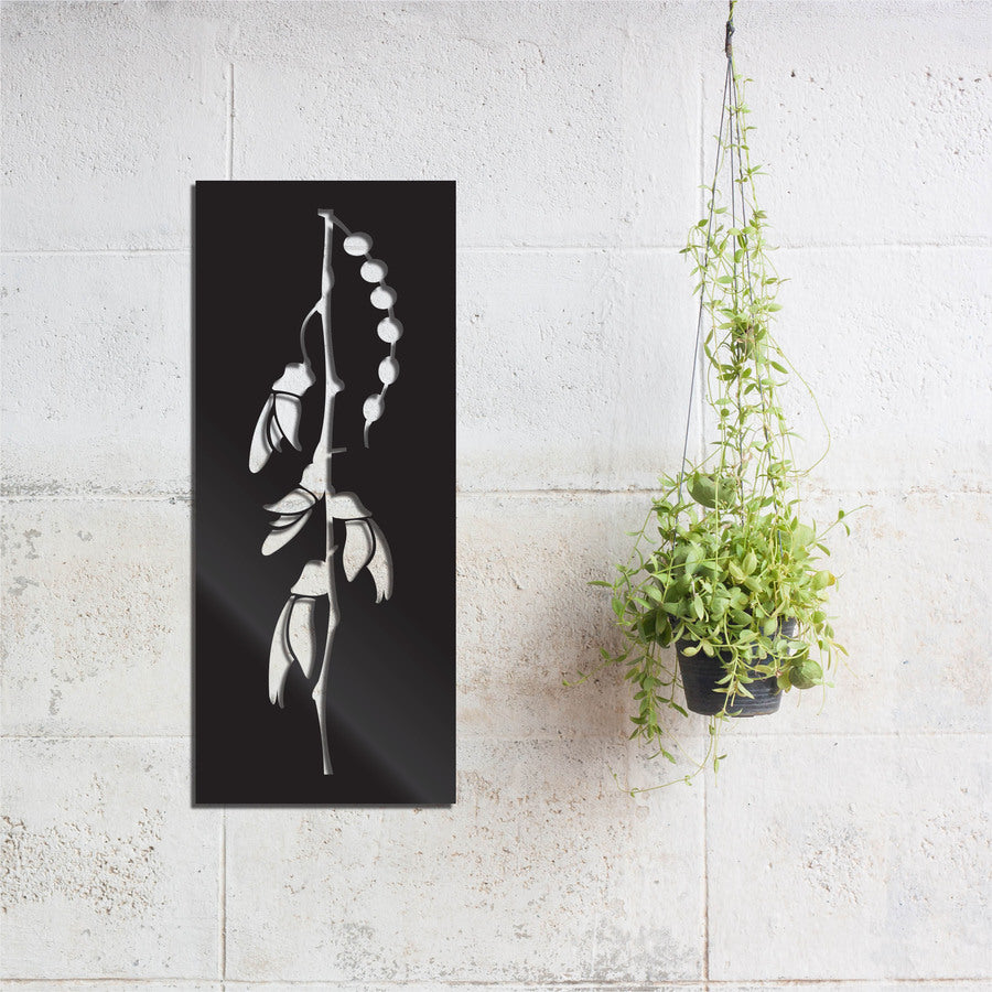 Stunning Kowhai Flower wall art panel in durable Black ACM, perfect for modern decor indoors or outdoors, 230 x 550 mm.