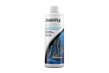 Bottle of Stability 500mL by Seachem, designed to establish biofilter and prevent new tank syndrome in aquariums.