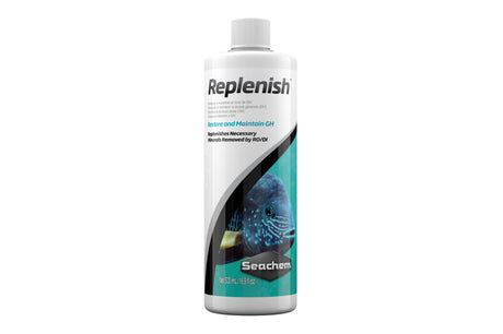 Bottle of Seachem Replenish 500mL, a mineral blend for maintaining water quality in aquariums, prevents osmotic stress in fish.