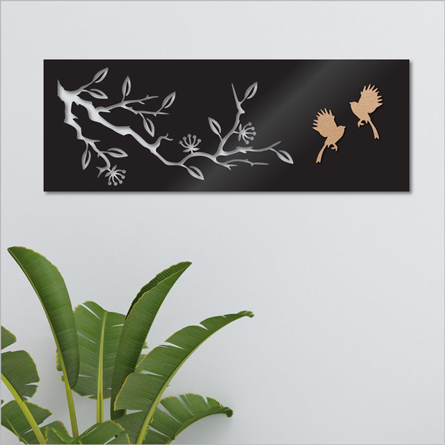 Large black and copper wall art featuring a Fantail and Pohutukawa, embodying New Zealand's Kiwiana charm.